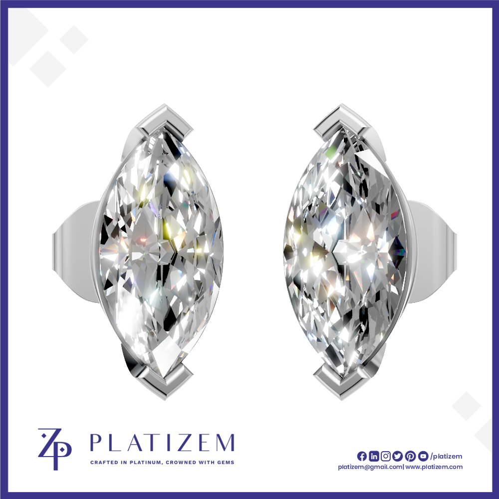 A pair of round brilliant-cut diamond stud earrings in a silver-toned setting, displayed on a white background with a blue border. The brand name 'PLATIZEM' is visible at the bottom.