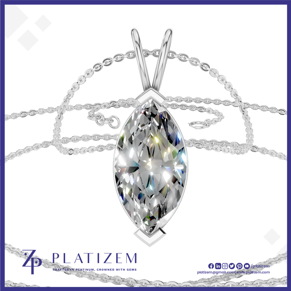 A silver pendant necklace featuring a marquise-cut clear gemstone in a silver setting, displayed on a white background with the brand name PLATIZEM visible at the bottom.