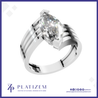 A silver-plated solitaire ring featuring a marquise-cut clear gemstone, presented on a white background with a blue border and the brand name 'PLATIZEM' at the bottom.