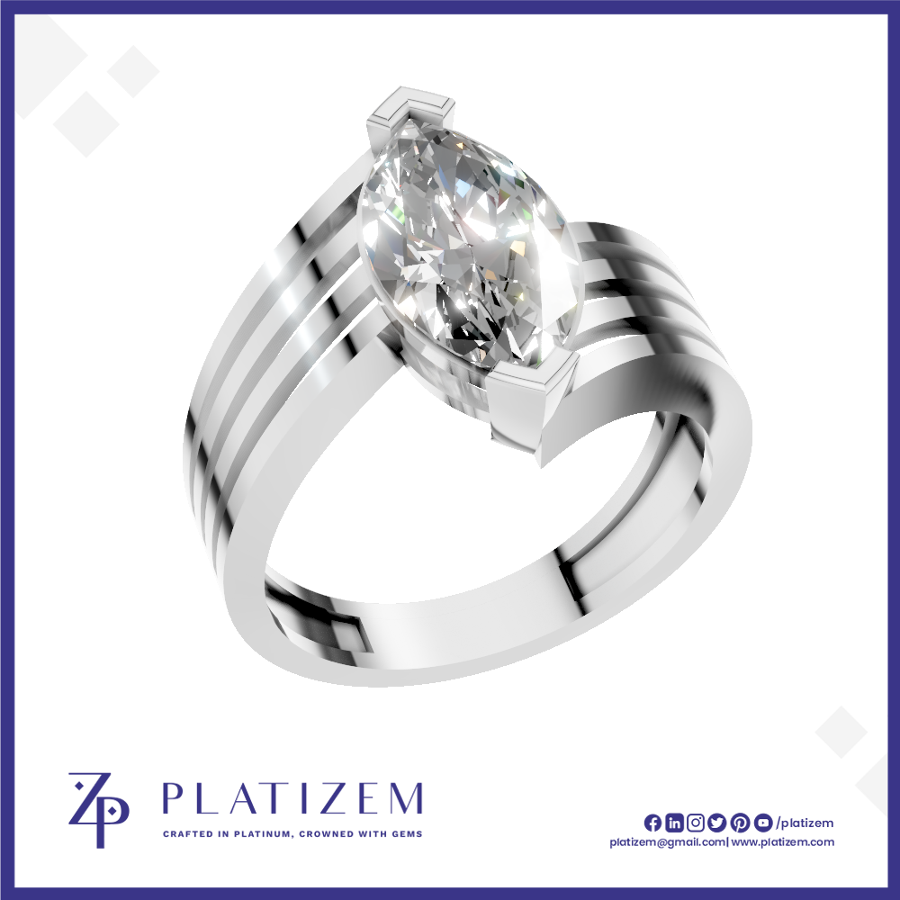 A silver-plated solitaire ring featuring a marquise-cut clear gemstone, presented on a white background with a blue border and the brand name 'PLATIZEM' at the bottom.