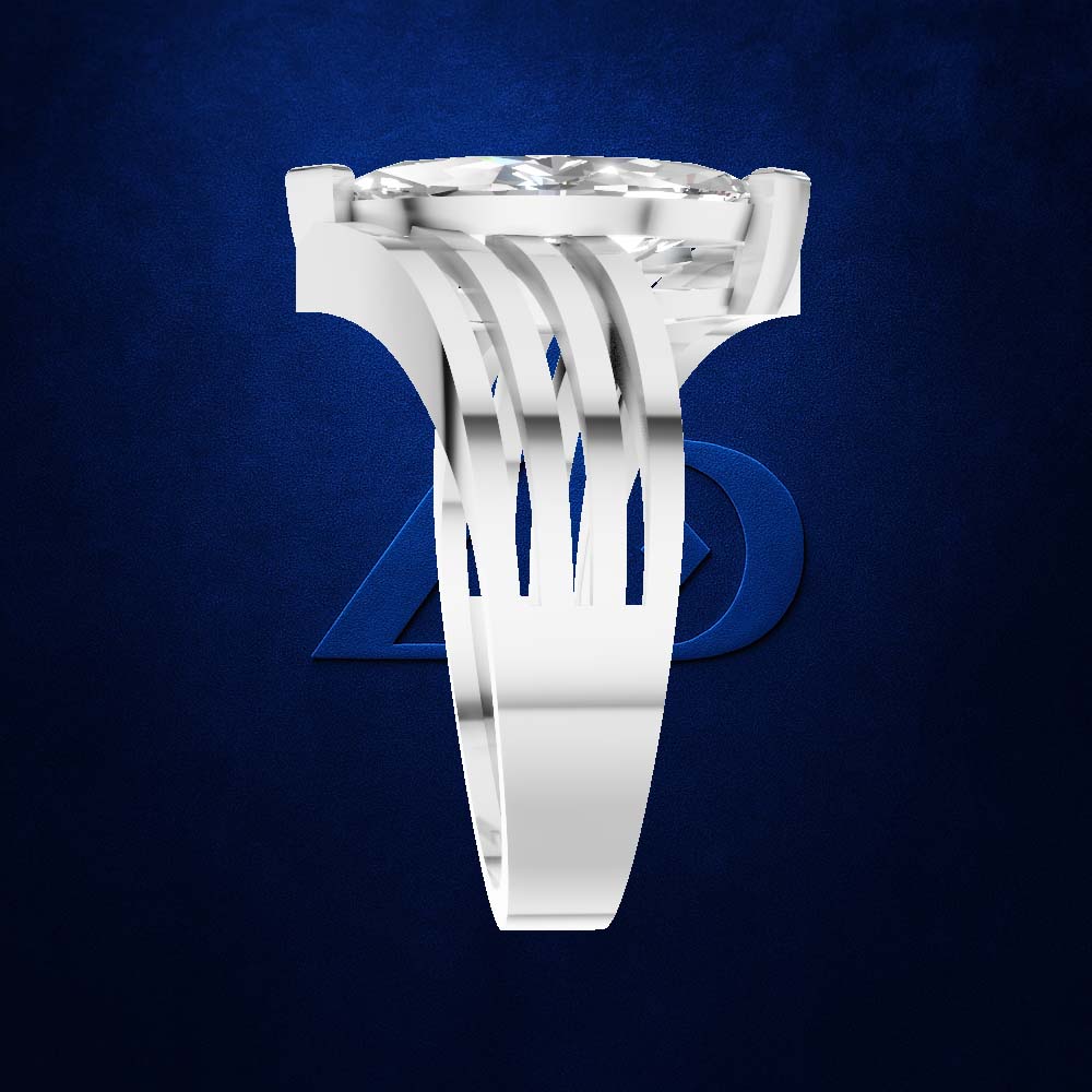 A silver-colored ring with a large clear gemstone and a unique multi-pronged, sculptural band, shown against a dark blue textured background with a subtle Avengers logo.