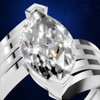 A close-up studio render of a silver-toned ring with a large oval-cut clear gemstone on a dark blue background.