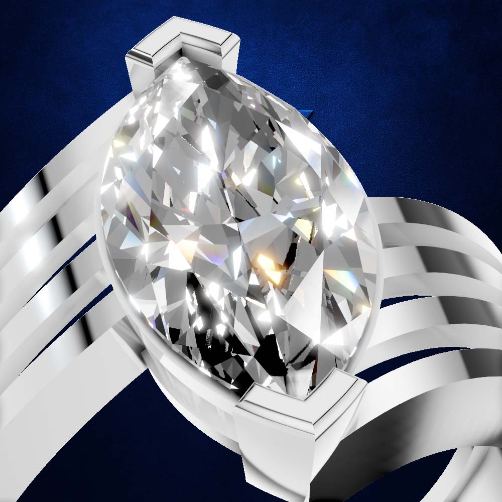 A close-up studio render of a silver-toned ring with a large oval-cut clear gemstone on a dark blue background.
