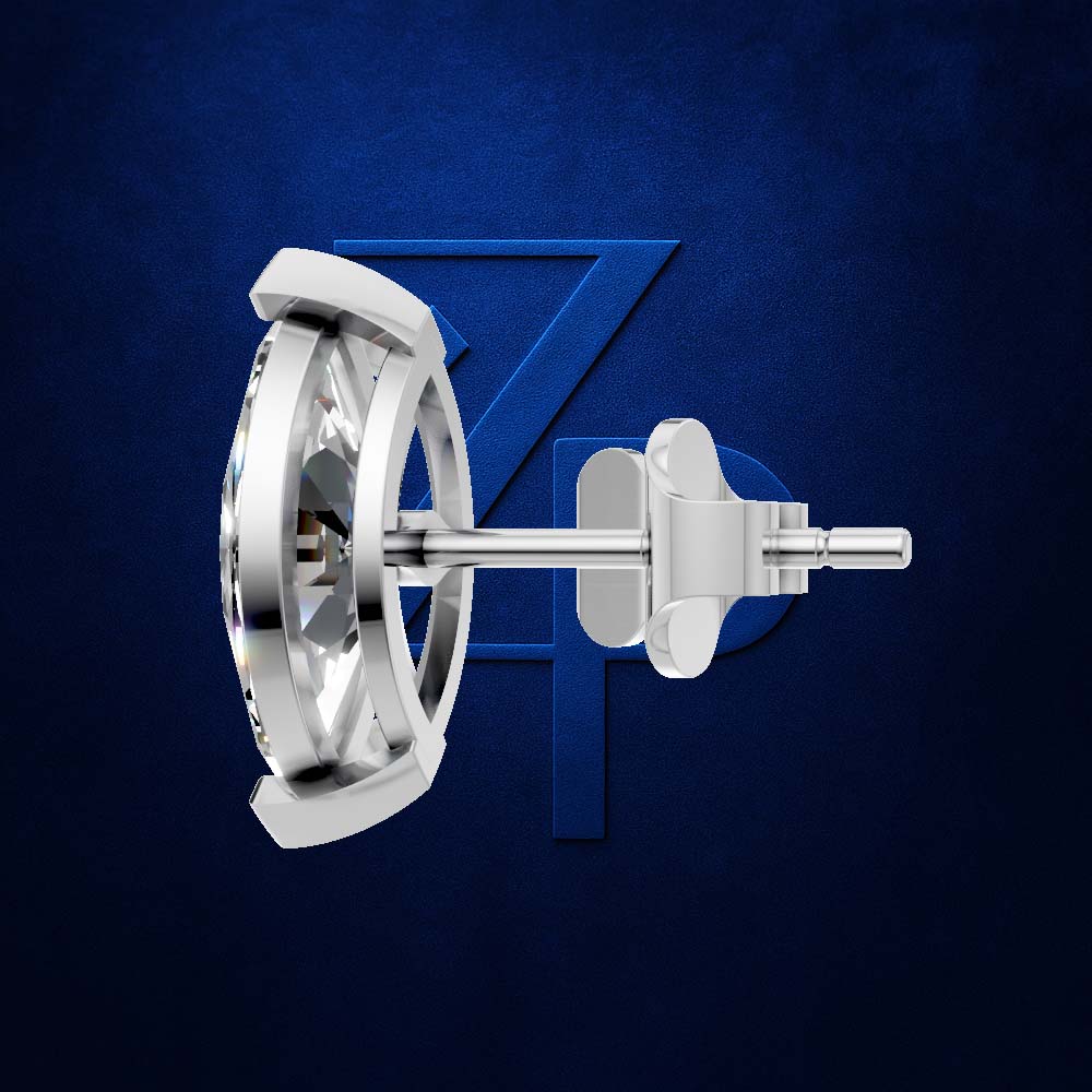 A polished silver-toned stud earring shown in side profile against a dark blue textured background with a subtle geometric logo.
