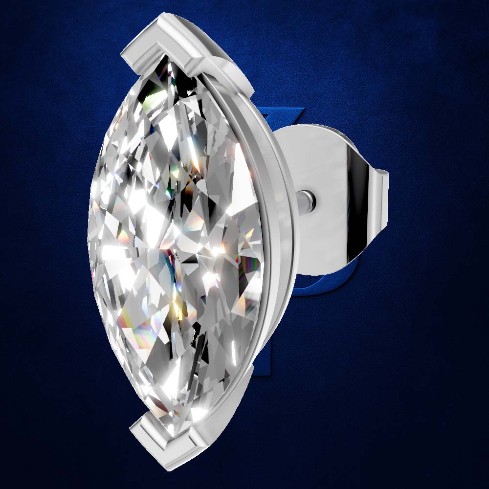 A marquise-cut clear gemstone stud earring in a polished silver-toned setting, shown at an angle against a dark blue textured background.