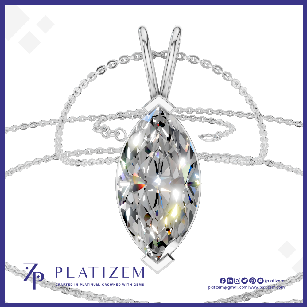 A silver-plated pendant necklace featuring a marquise-cut clear gemstone in a prong setting, suspended from a delicate chain. The brand name PLATIZEM is visible at the bottom of the image.
