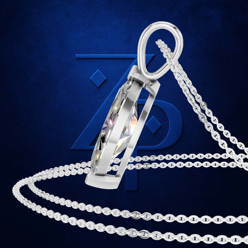 A silver-toned pendant necklace with a faceted iridescent center stone, shown on a dark blue background with a large stylized logo behind it. The chain loops around the pendant.