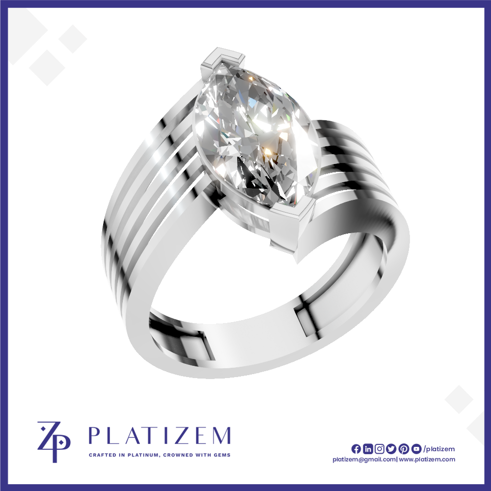A silver-plated ring featuring a marquise-cut clear gemstone in a prong setting, with a split band design. The brand logo 'PLATIZEM' is visible at the bottom of the image.