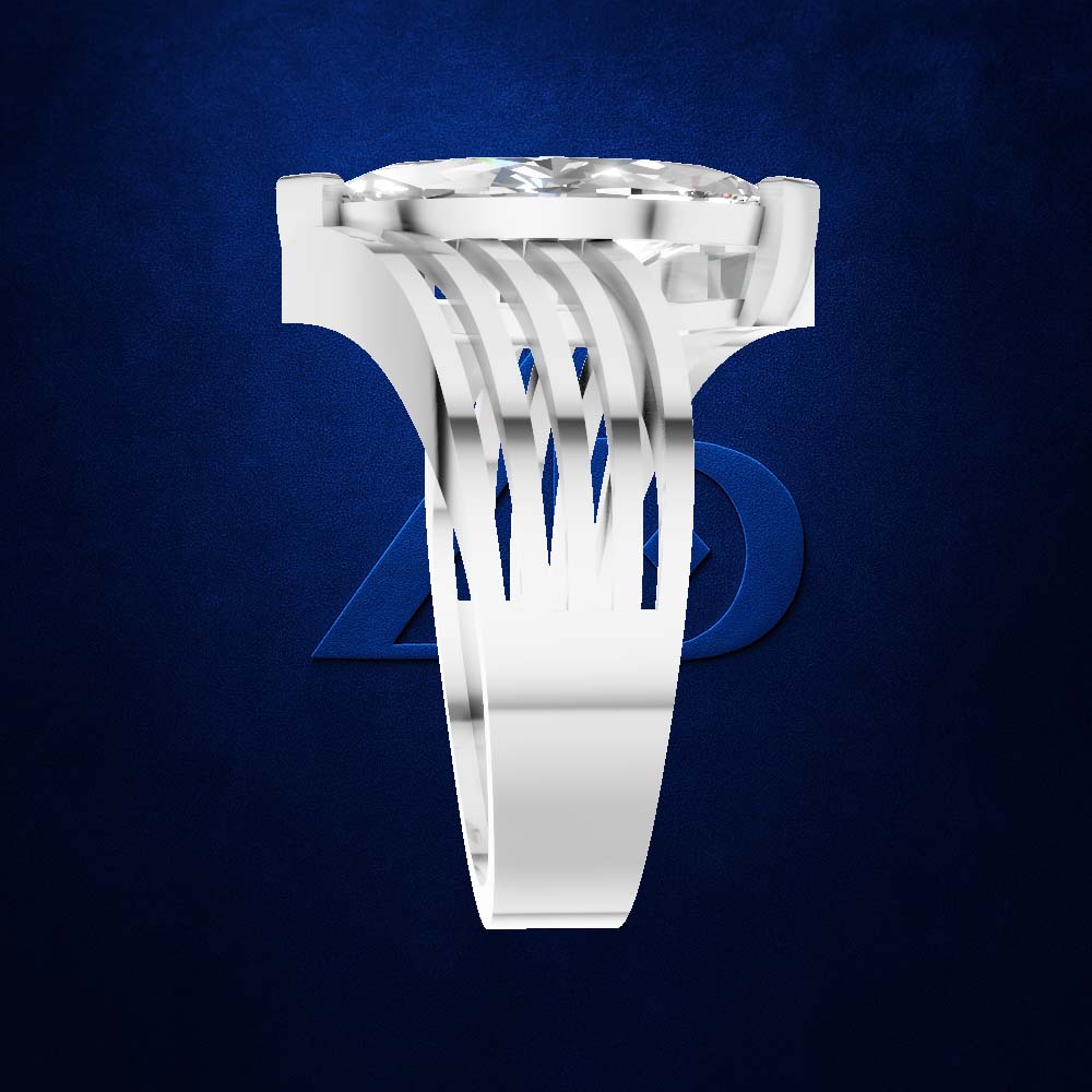 A white gold or platinum ring featuring a large clear round gemstone in a wide, multi-prong setting with an intricate, openwork filigree band, shown against a dark blue textured background.