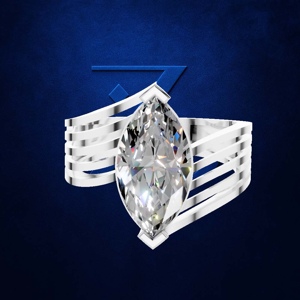 A silver-toned ring featuring a large marquise-cut clear gemstone, shown against a dark blue textured background with a subtle geometric logo behind it.
