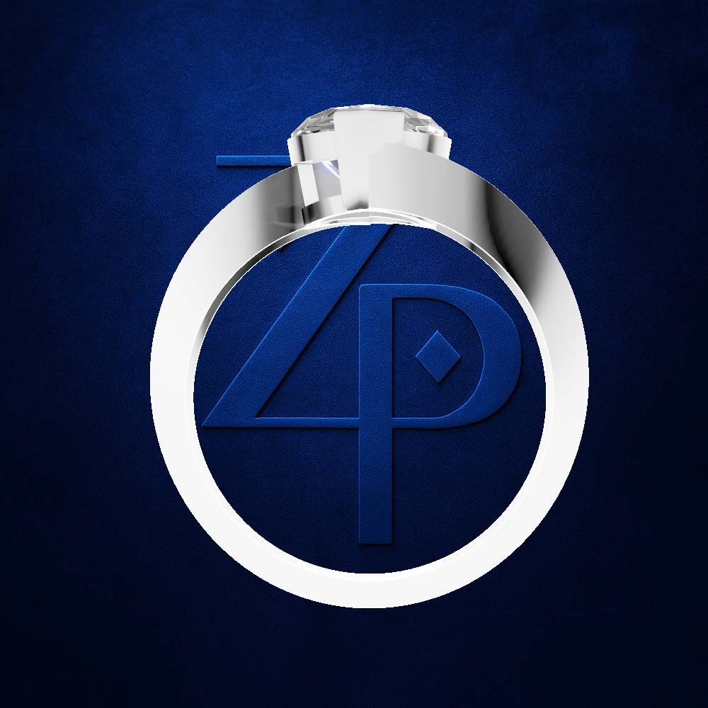 A silver-toned ring with a circular face featuring a blue stylized '4P' monogram, set against a textured dark blue background.