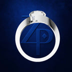 A silver-toned ring with a circular face featuring a blue stylized '4P' monogram, set against a textured dark blue background.