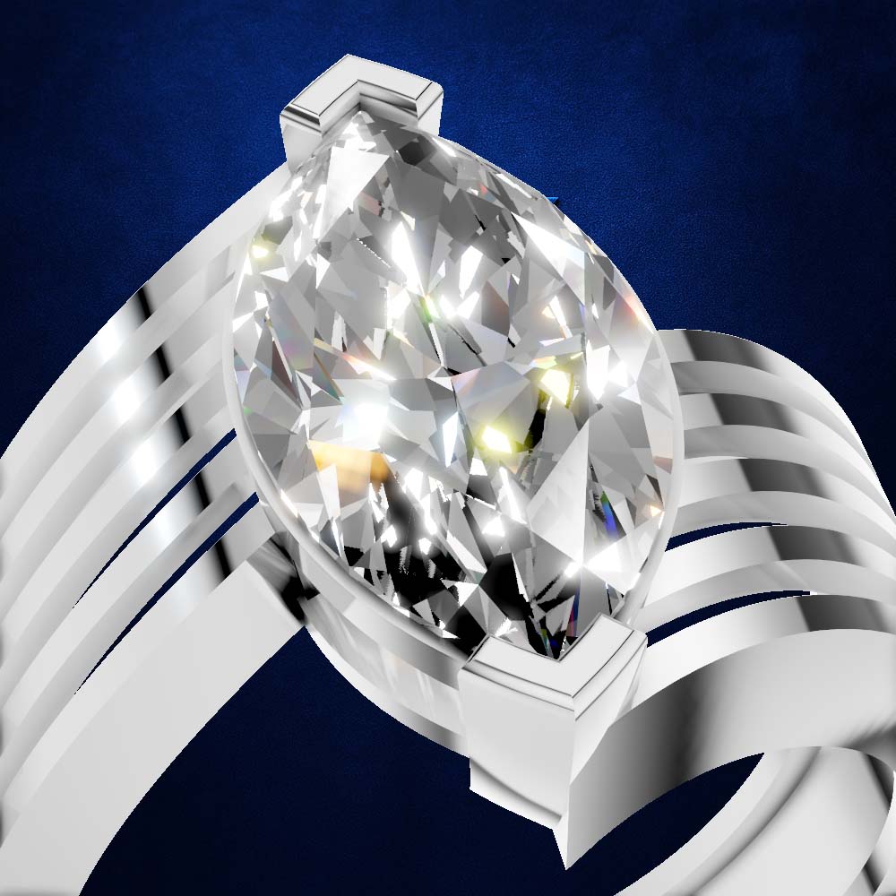 A silver-toned ring featuring a large marquise-cut clear gemstone in a prong setting, shown against a dark blue textured background.
