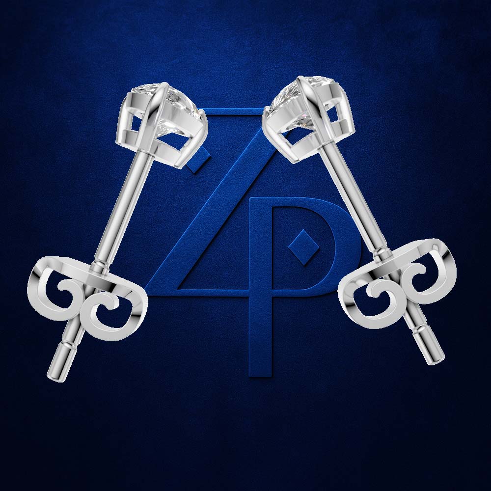 A pair of polished silver-toned earrings with decorative key-shaped designs, displayed against a dark blue textured background with a large blue monogram logo behind them.