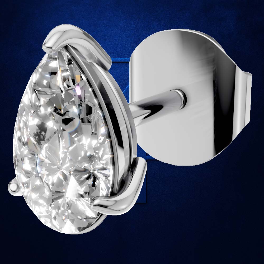 A pear-cut diamond stud earring in a polished silver-tone setting, shown at an angle with the flat back of the post visible against a dark blue background.