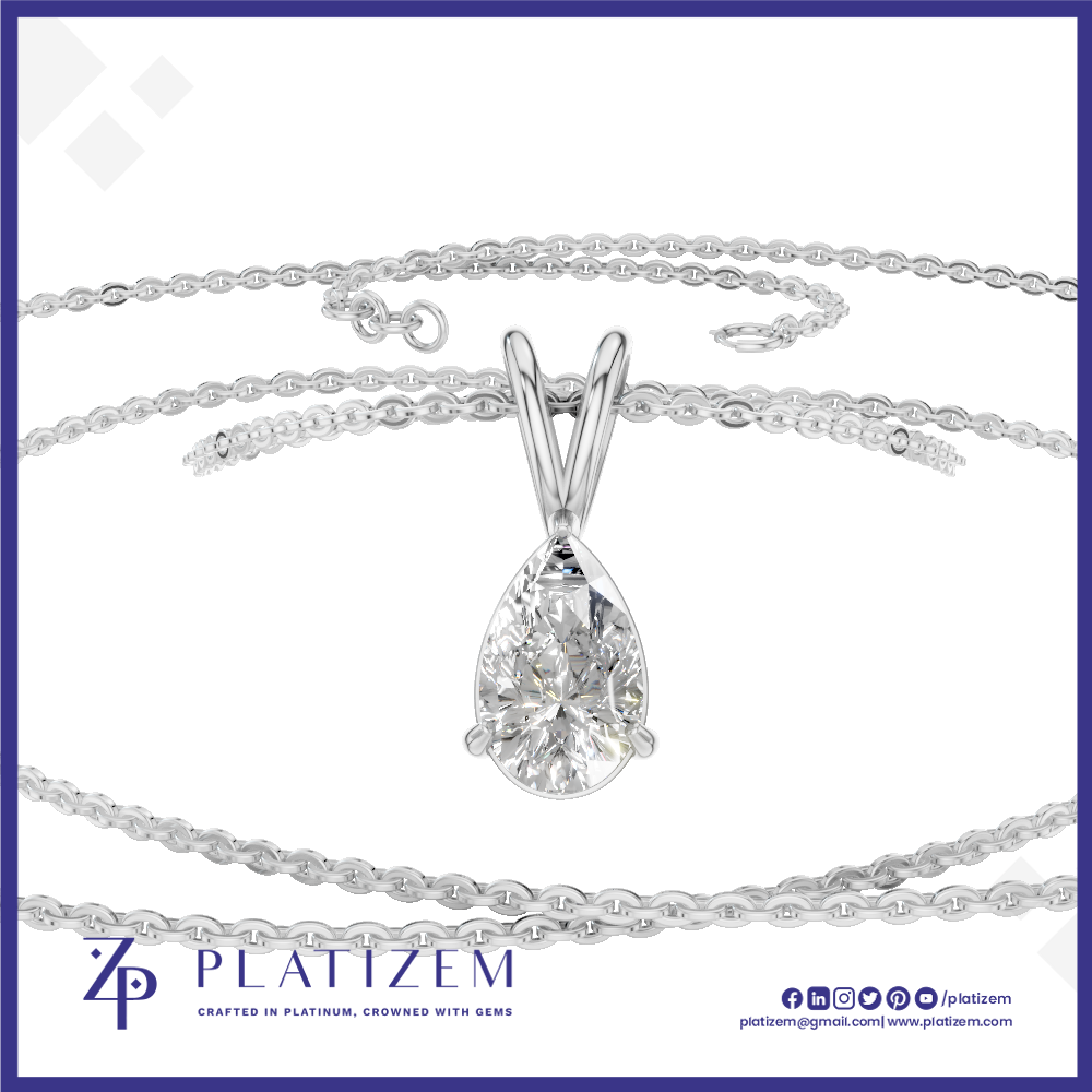 A silver-toned platinum necklace featuring a teardrop-shaped clear gemstone pendant, displayed on a clean white background with the Platzem brand logo at the bottom.