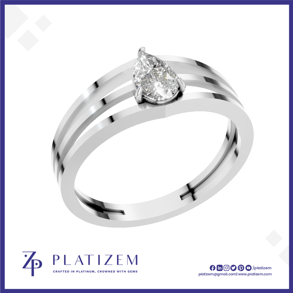 A pear-cut diamond ring with a polished silver-colored band featuring two parallel channels, shown on a white background with the brand logo 'PLATIZEM' at the bottom.