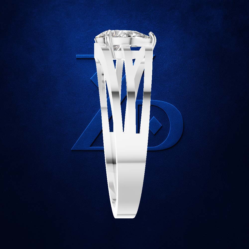 A silver-toned ring with a large clear gemstone, shown against a dark blue textured background with a subtle stylized logo behind it.