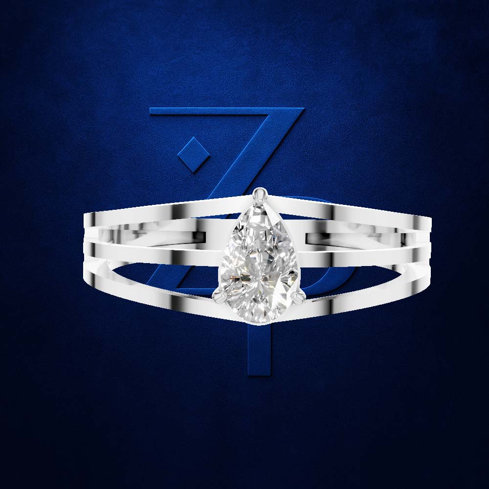 A silver-toned ring with a pear-cut clear gemstone, shown against a dark blue textured background with a large stylized blue number 7 behind it.