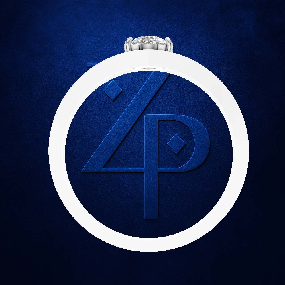 A silver ring with a round brilliant-cut diamond is shown against a textured dark blue background, positioned at the top of a large white circular frame containing a blue stylized '4P' monogram.