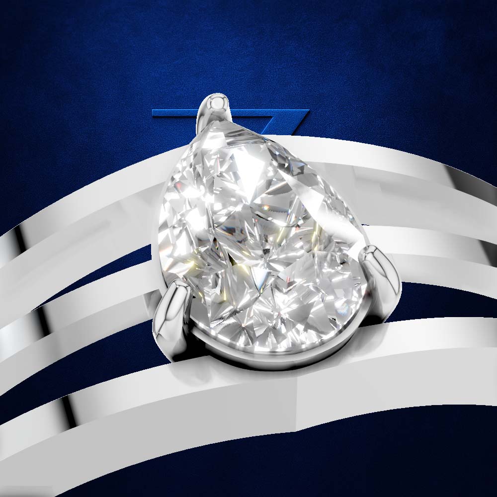 A pear-cut diamond ring in a polished silver setting, presented on a dark blue textured background with sweeping white ribbon-like bands.