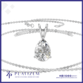 A silver-plated pear-cut diamond pendant necklace on a delicate cable chain, displayed against a white background with a blue border and the PlatiZem brand logo at the bottom.