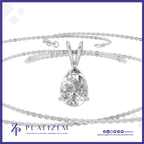 A silver-plated pear-cut diamond pendant necklace on a delicate cable chain, displayed against a white background with a blue border and the PlatiZem brand logo at the bottom.