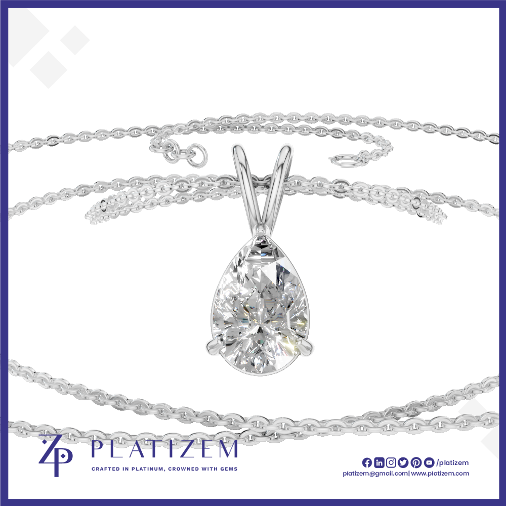 A silver-plated pear-cut diamond pendant necklace on a delicate cable chain, displayed against a white background with a blue border and the PlatiZem brand logo at the bottom.