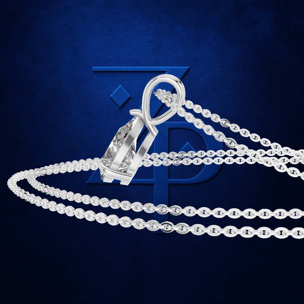 A silver-toned pendant necklace with a large clear marquise-cut gemstone in a bezel setting, shown on a dark blue textured background with a faint blue logo behind it.