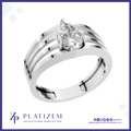 A silver-toned pear-cut diamond ring with a modern multi-band design, shown on a white background with a blue border and the Platizem brand logo at the bottom.