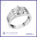 A silver-toned pear-cut diamond ring with a modern multi-band design, shown on a white background with a blue border and the Platizem brand logo at the bottom.