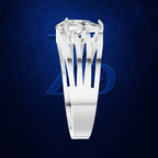 A silver ring with a large clear gemstone in a geometric prong setting, shown against a dark blue textured background with a subtle blue logo behind it.