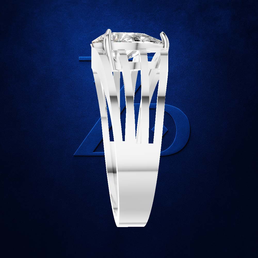 A silver ring with a large clear gemstone in a geometric prong setting, shown against a dark blue textured background with a subtle blue logo behind it.