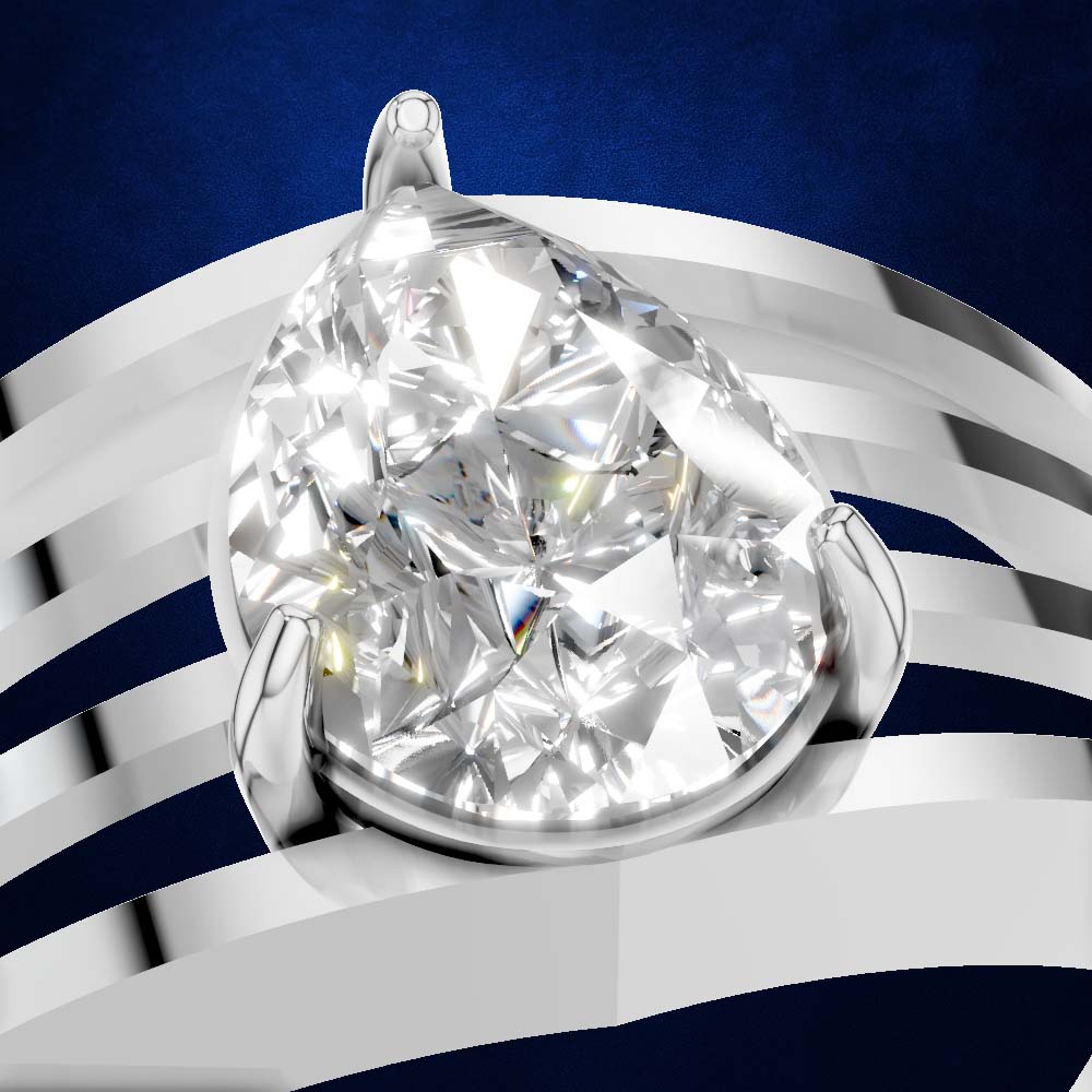 A pear-cut diamond ring with a silver-toned setting, shown in a close-up studio-style render against a dark blue background with white curved ribbon-like accents.
