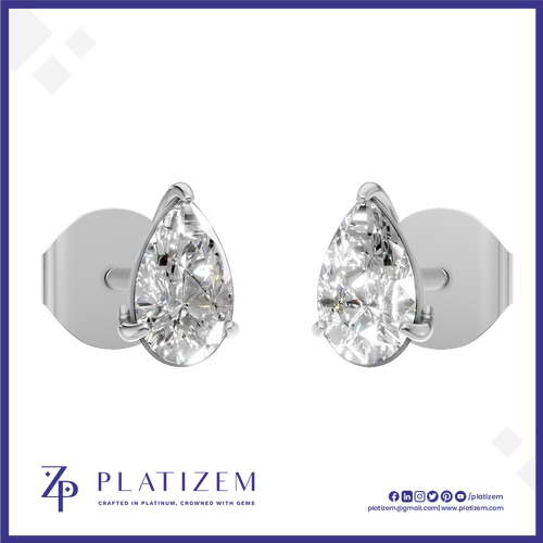 A pair of pear-shaped diamond stud earrings in a silver setting, displayed on a white background with a blue border. The brand name 'PLATIZEM' is visible at the bottom.