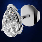 A pear-cut diamond stud earring in a polished silver-tone setting, shown at an angle with the flat back of the post visible against a dark blue background.
