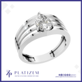 A silver-toned pear-cut diamond ring with a modern multi-band design, shown on a white background with a blue border and the Platizem brand logo at the bottom.