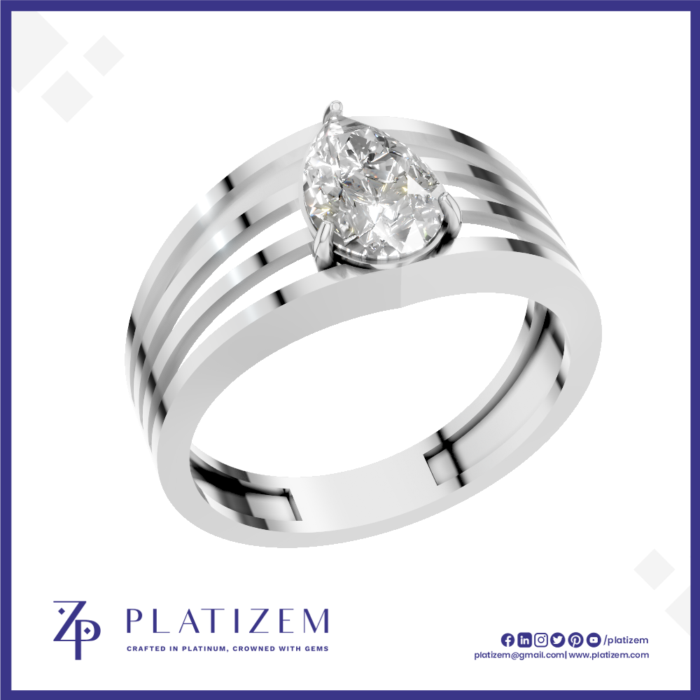 A silver-toned pear-cut diamond ring with a modern multi-band design, shown on a white background with a blue border and the Platizem brand logo at the bottom.