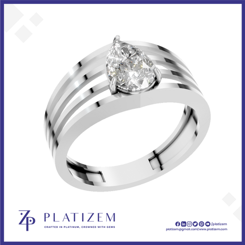 A silver-toned pear-cut diamond ring with a modern multi-band design, shown on a white background with a blue border and the Platizem brand logo at the bottom.