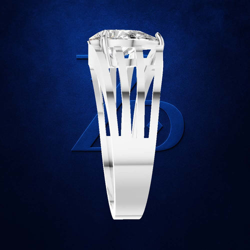 A white gold or platinum ring featuring a large, bezel-set clear gemstone, displayed against a dark textured blue background with a subtle blue geometric logo behind it.