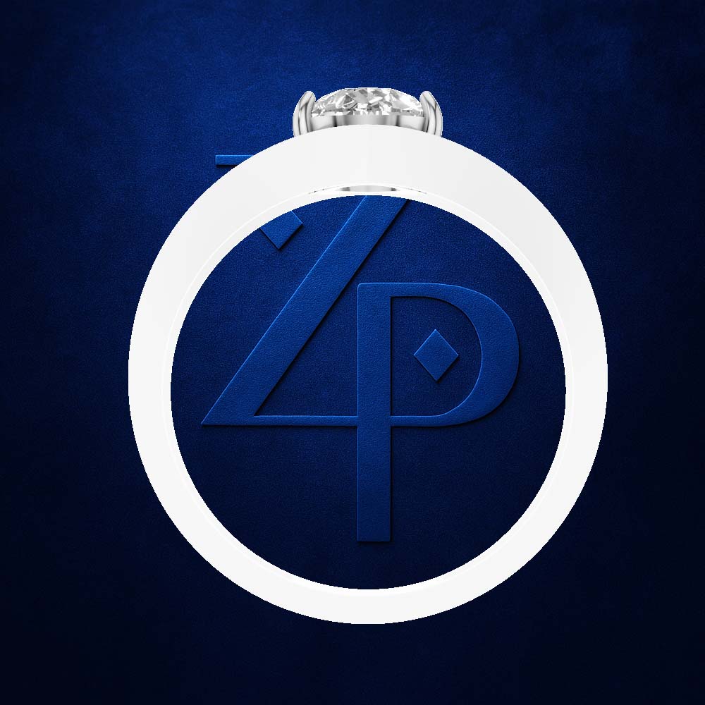 A white ring with a clear gemstone at the top, featuring a large circular white inlay with a blue stylized '4P' monogram, set against a textured dark blue background.