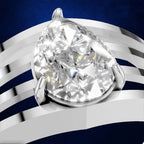A pear-cut diamond ring set in a polished silver-colored band, shown in a close-up studio-style shot against a dark blue background with curved metallic silver bands.