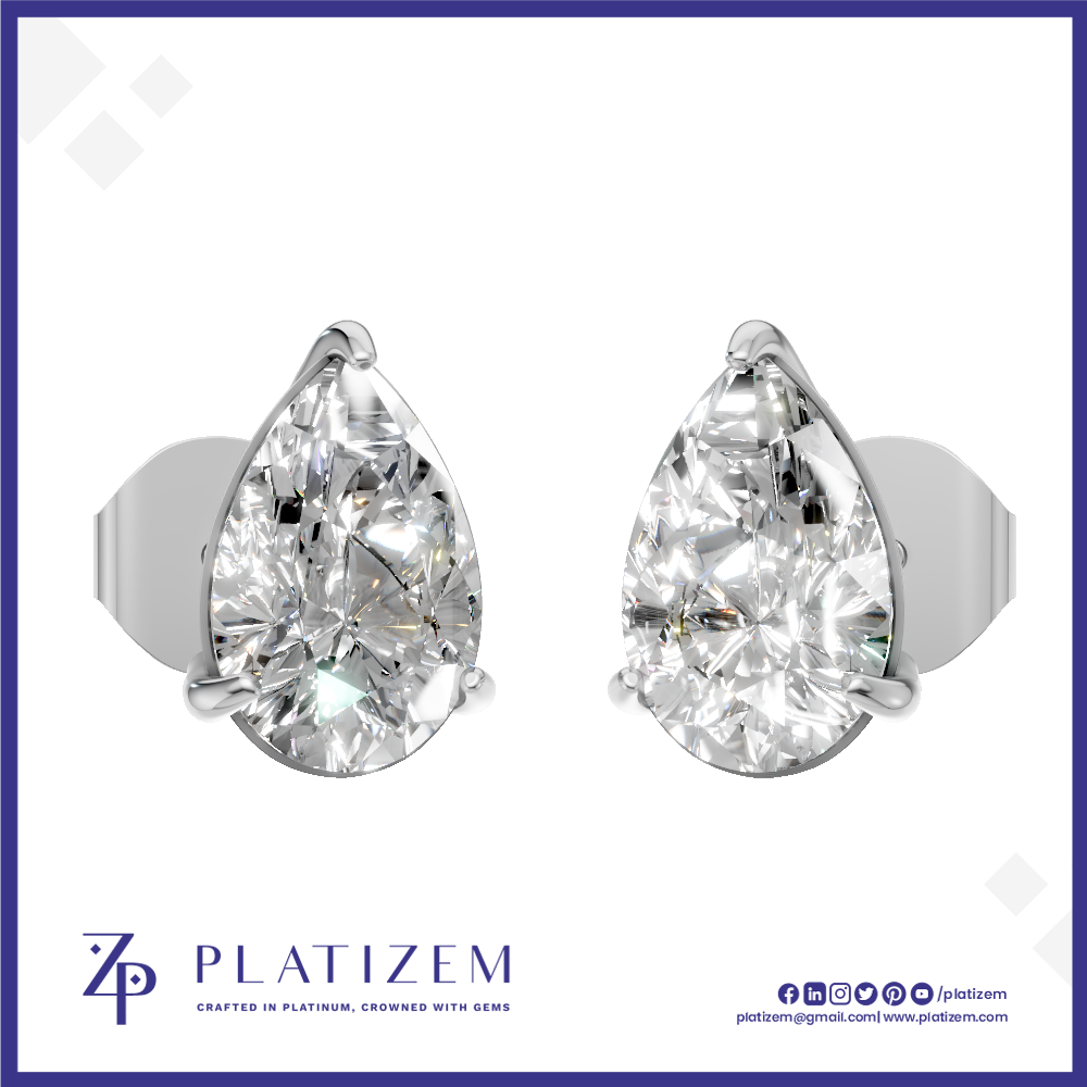 A pair of pear-shaped diamond stud earrings in a silver-toned setting, displayed on a white background with a blue border. The brand name 'PLATIZEM' is visible at the bottom.