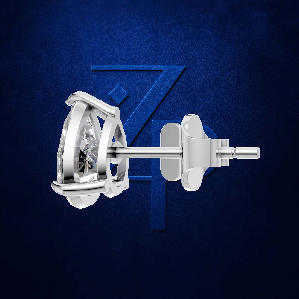 A pair of polished silver stud earrings with a unique openwork circular front setting, shown against a textured dark blue background with a subtle stylized 'Z' logo.
