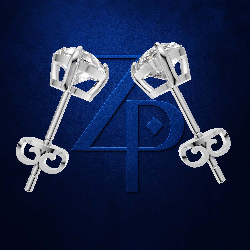 A pair of silver-toned stud earrings with geometric clear gemstone settings and bow-shaped backings, displayed on a dark blue textured background with a large blue monogram logo behind them.