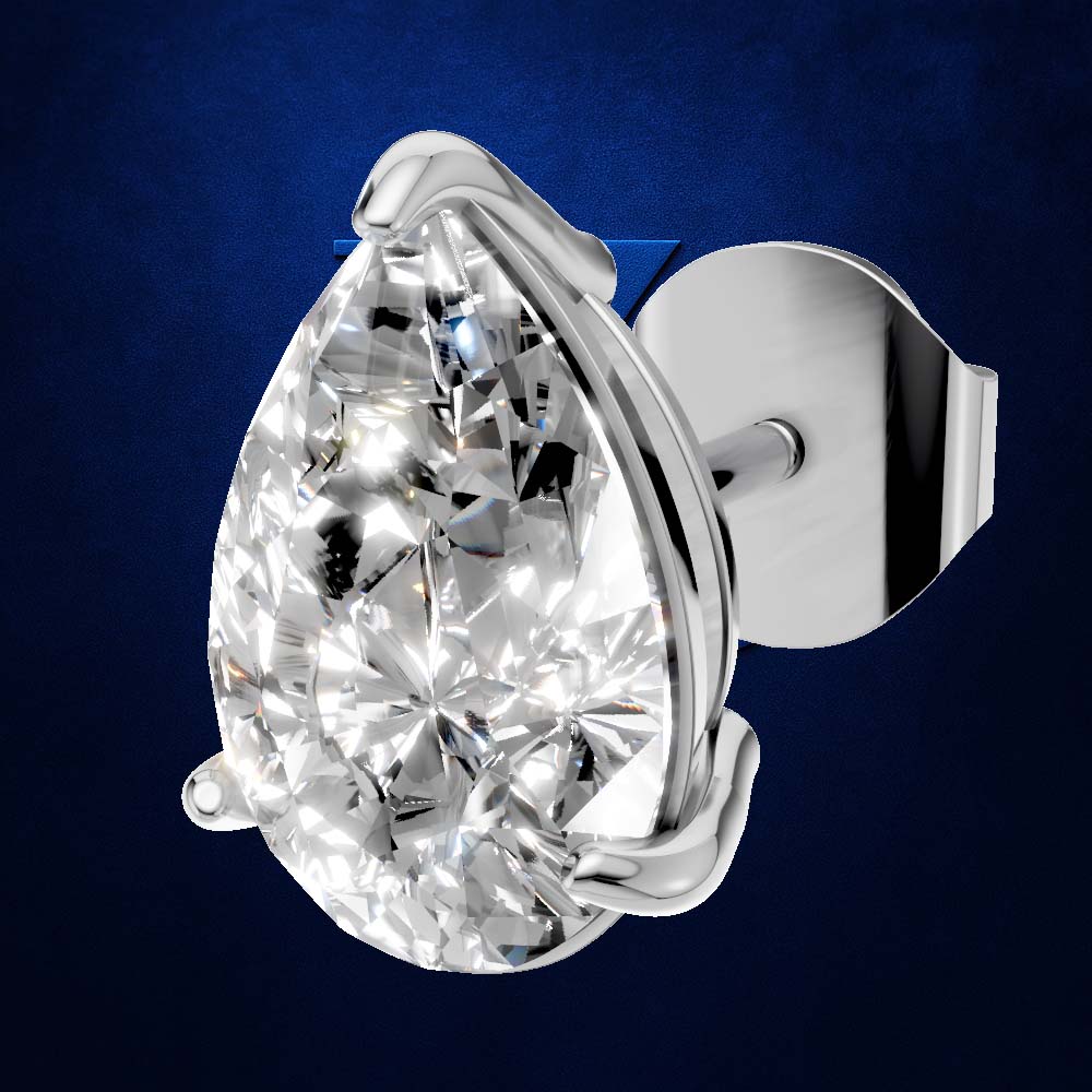 A single pear-cut diamond stud earring in a polished silver setting, shown against a dark blue textured background.