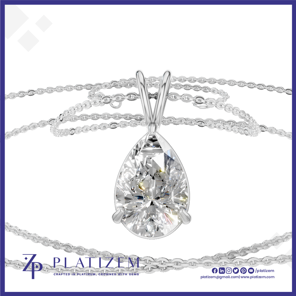 A silver teardrop-shaped pendant necklace with a clear gemstone, displayed on a white background with a coiled chain and the brand name 'PLATIZEM' at the bottom.