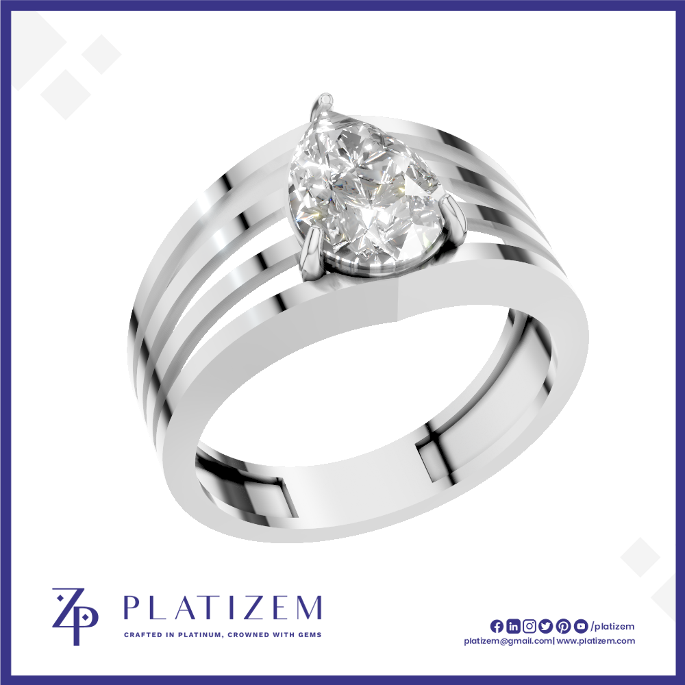 A silver-toned ring with a pear-cut diamond center stone and a multi-band design, shown on a white background with the Platizem brand logo at the bottom.