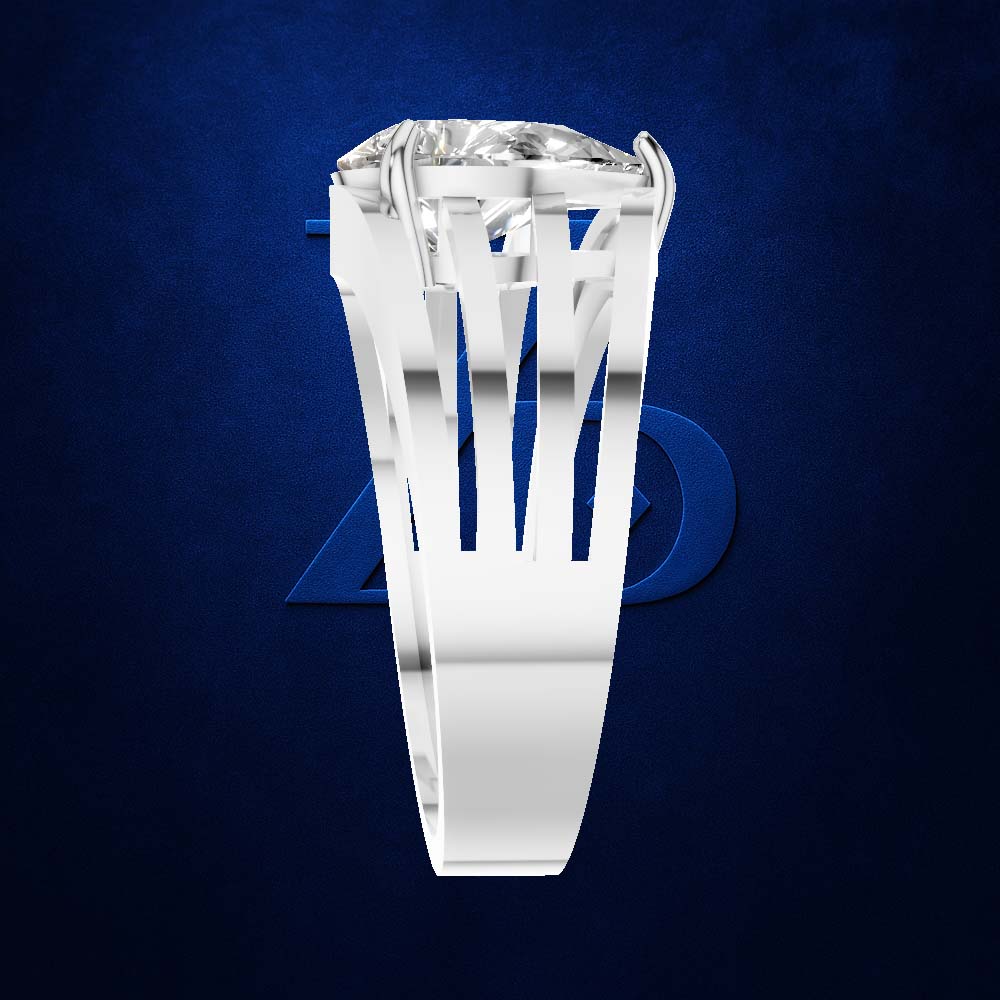 A silver-toned ring with a large clear gemstone in a geometric prong setting, shown against a dark blue textured background with a faint blue logo behind it.