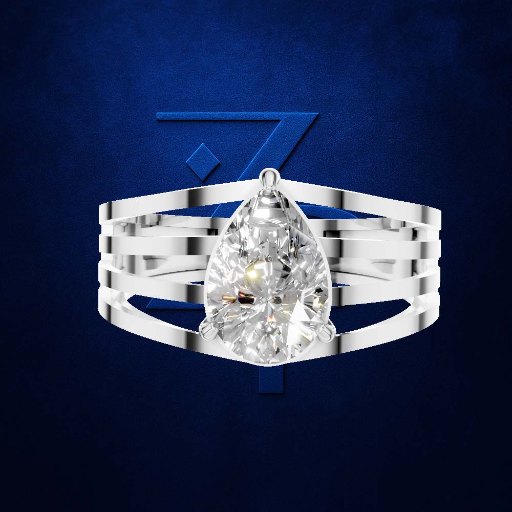 A silver-toned ring with a large pear-cut clear gemstone, shown against a dark blue textured background with a subtle blue geometric logo behind it.